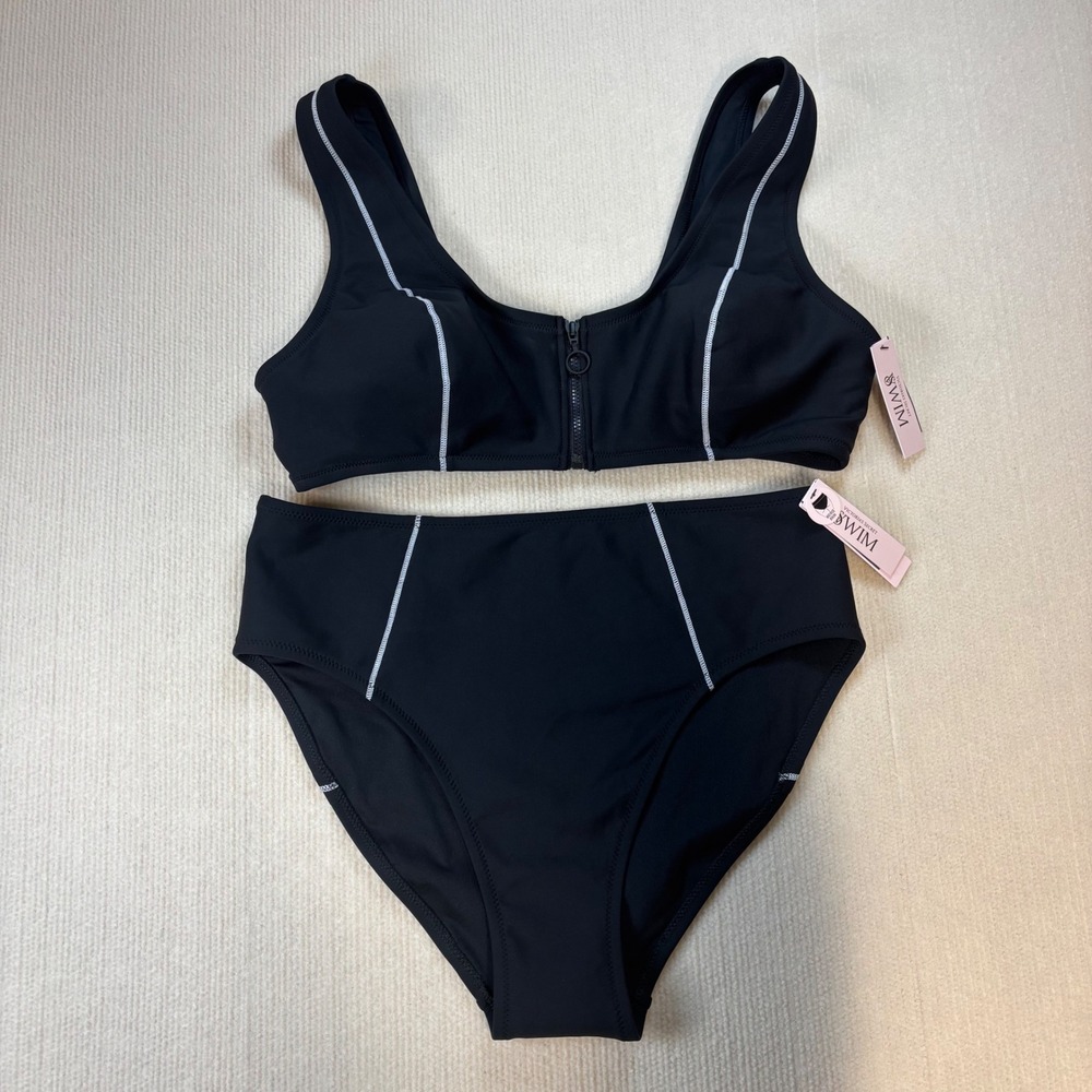 Victorias Secret Swim Black Contrast Stitch Zip Front Bikini Set NWT Large